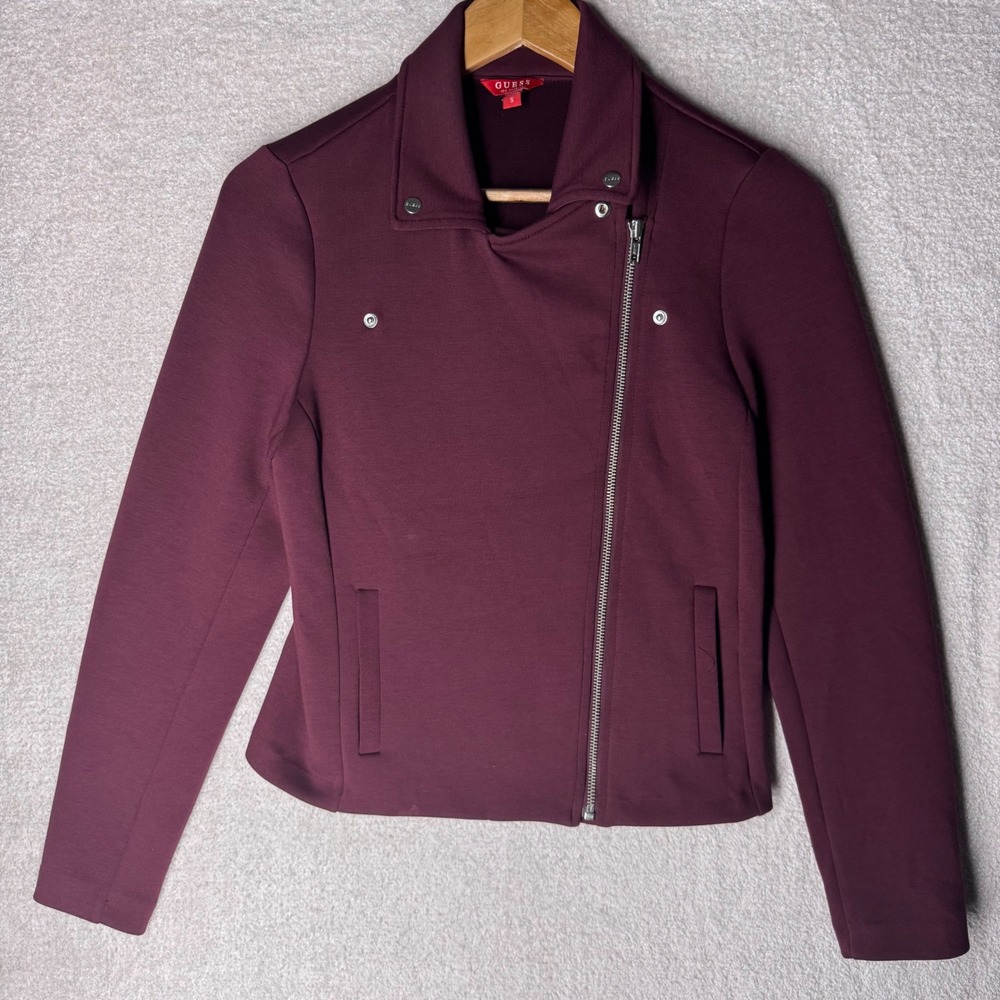 GUESS Women's Small Burgundy Moto Jacket Asymmetrical Zip Biker